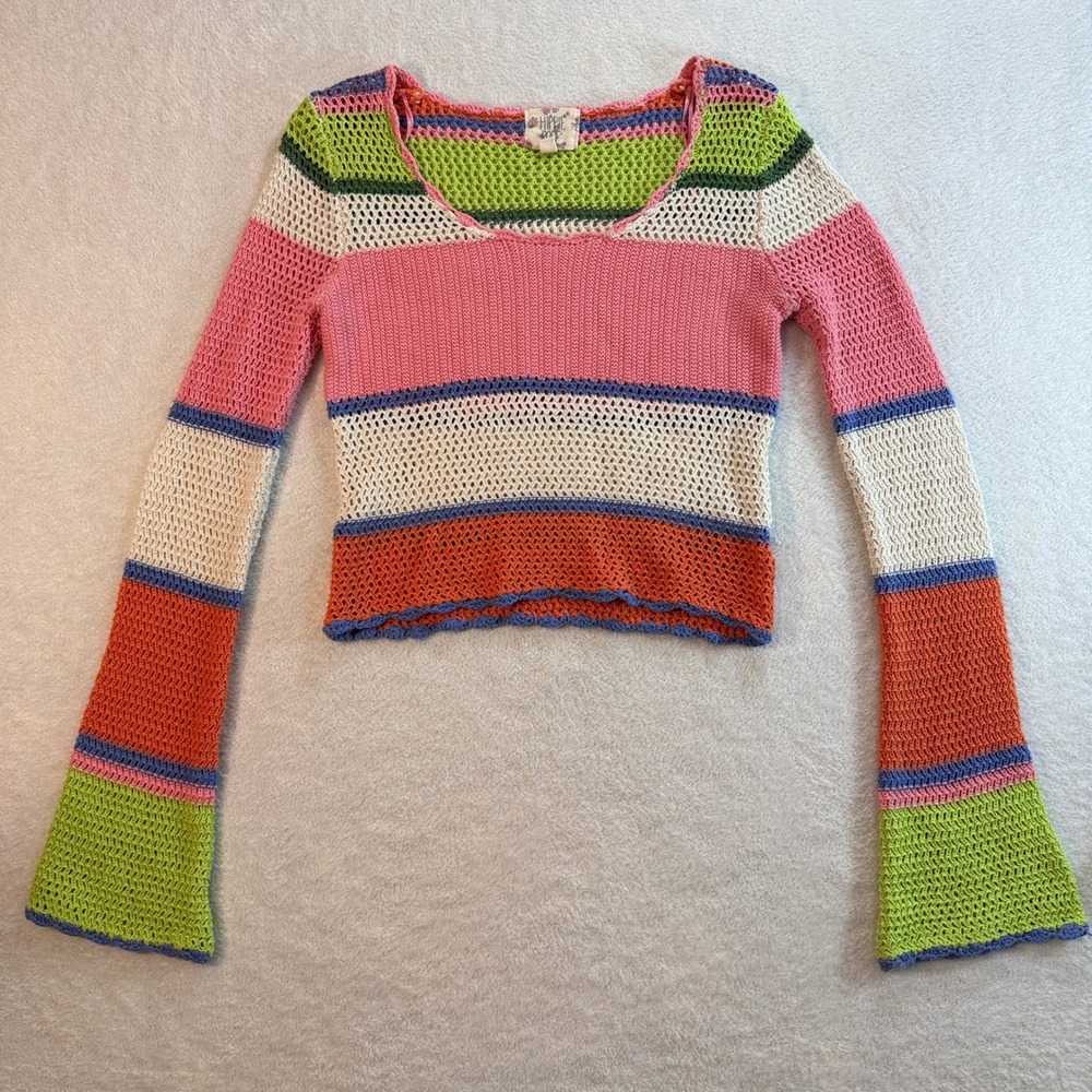 Hippie Rose Striped Crochet Knit Long Sleeve Crop Top Small 4S26786 Boho Multi